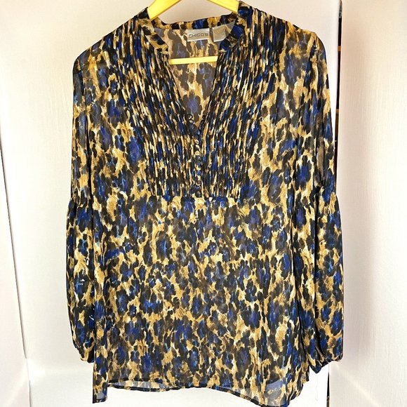 Chico's Animal Print Popover Tunic with Pleated Bodice and Cover Buttons… - Picture 1 of 9